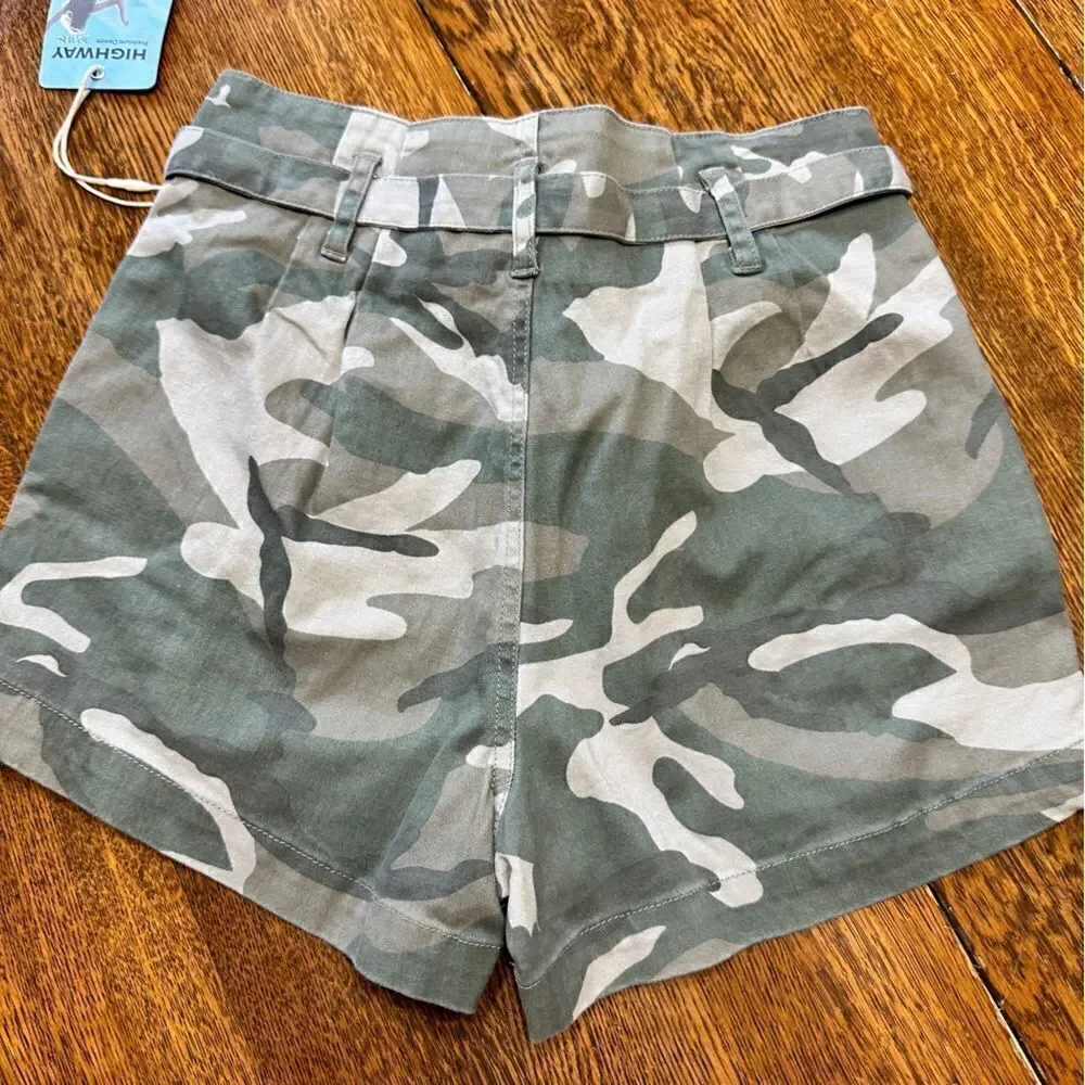 Highway jeans denim camo shorts with a tie belt. NWT. Size 3/4